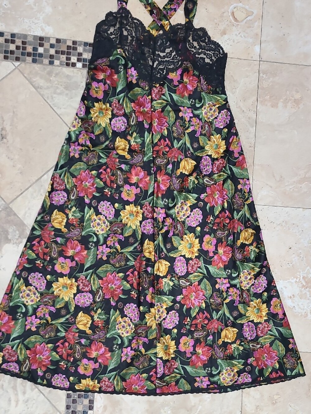 Vanity Fair Vintage Black Floral Lace Maxi Dress with Pink and Yellow Blooms - Picture 5 of 16